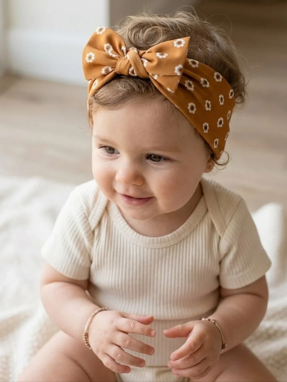 Retro Daisy Knotted Headband Burnt Orange Boho Floral Hair Wrap Soft Stretch Top